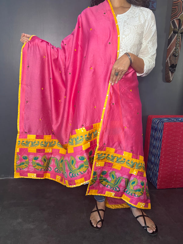 Pink Chanderi embroidered dupatta