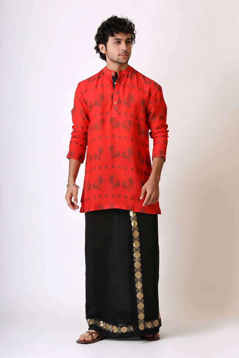 SANGHARSH BLACK-RED VESHTI + KURTA SET