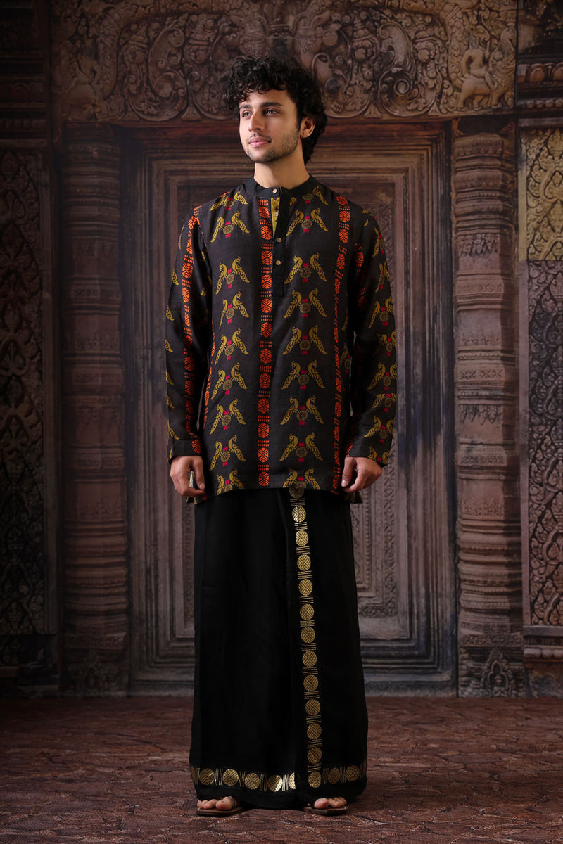 SANGHARSH BLACK ON BLACK VESHTI + KURTA SET