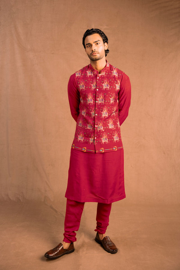 Trishula set of 3  Maroon ( kurta + churidar + jacket )