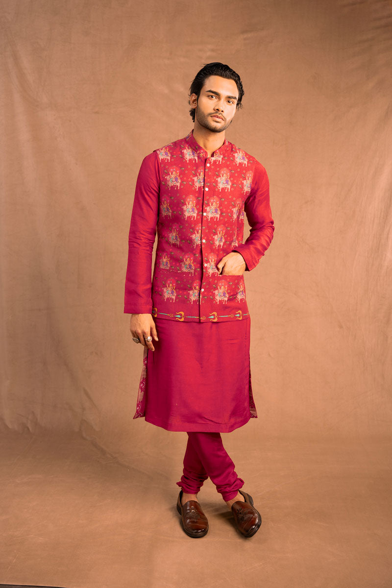 Trishula set of 3  Maroon ( kurta + churidar + jacket )