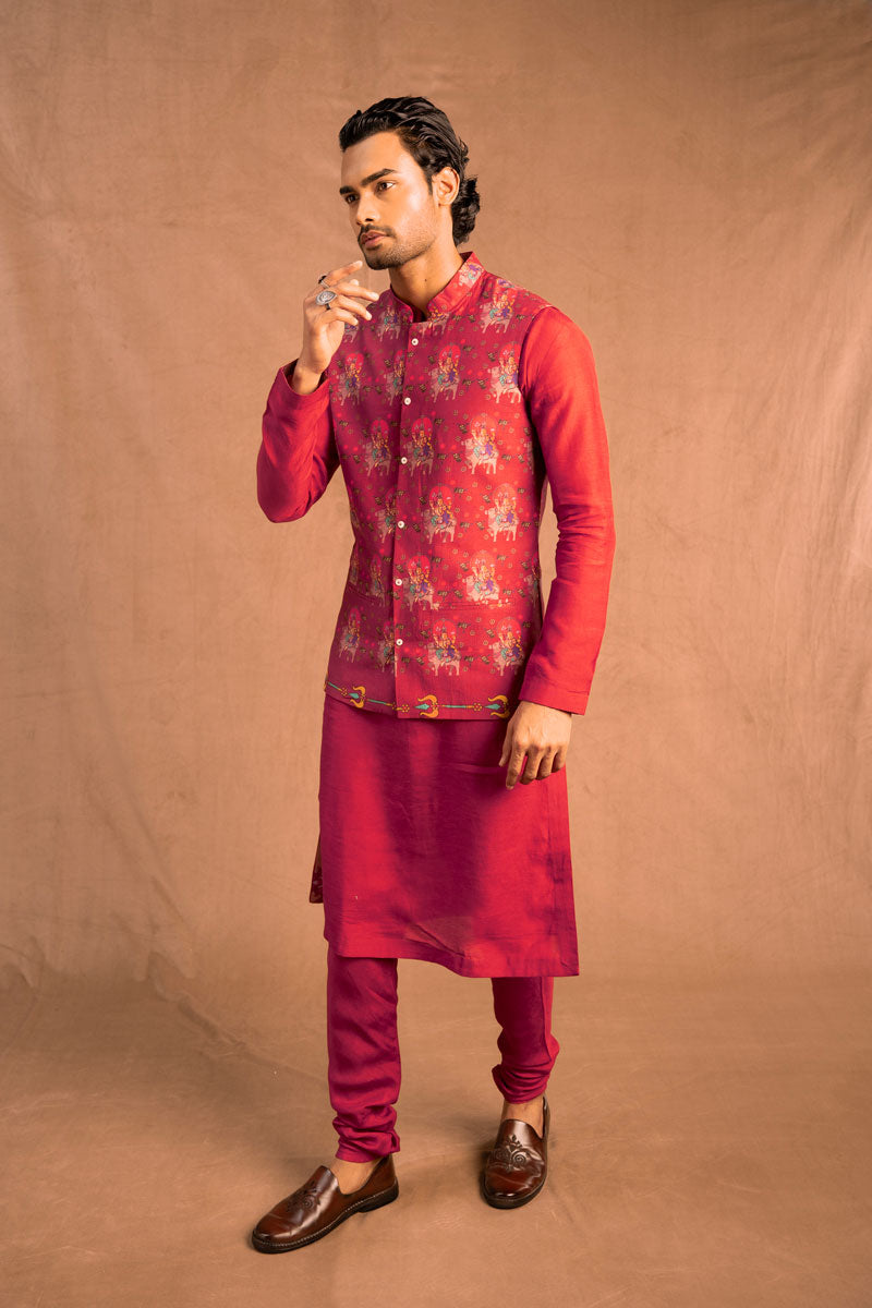 Trishula set of 3  Maroon ( kurta + churidar + jacket )