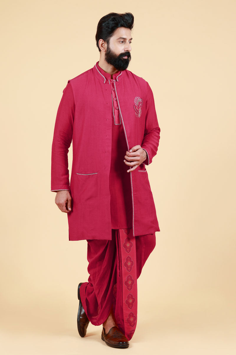 PHOOLKARI MAROON DHOTI+ KURTA+ JACKET SET