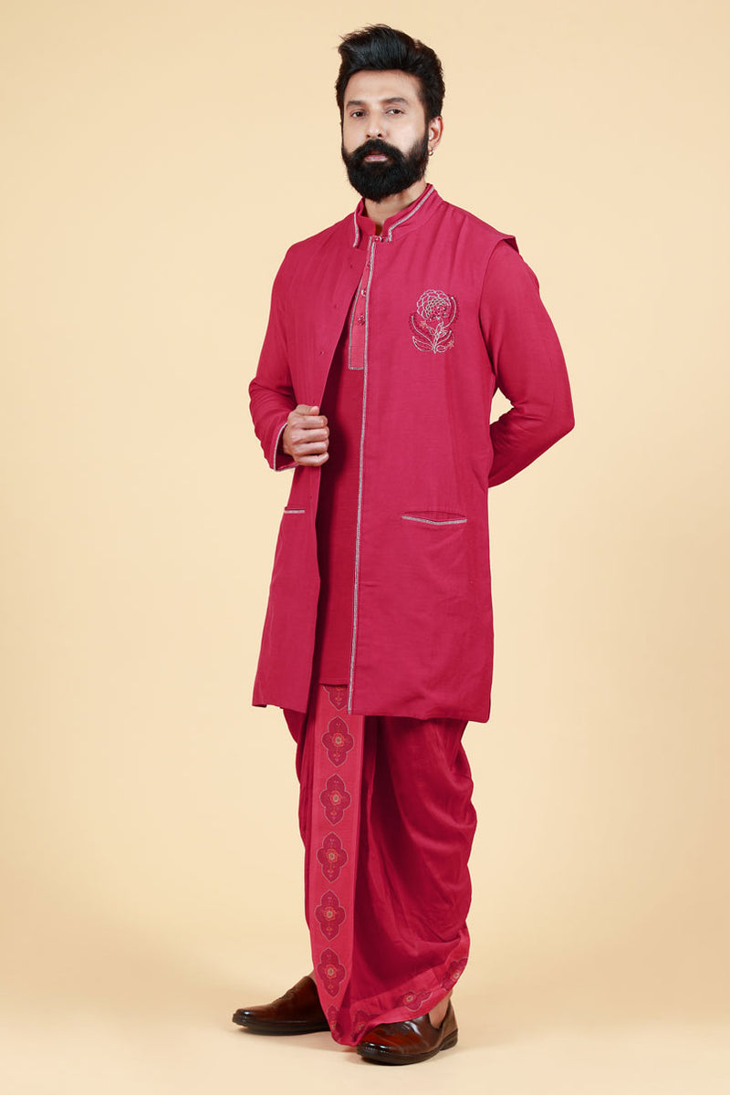 PHOOLKARI MAROON DHOTI+ KURTA+ JACKET SET