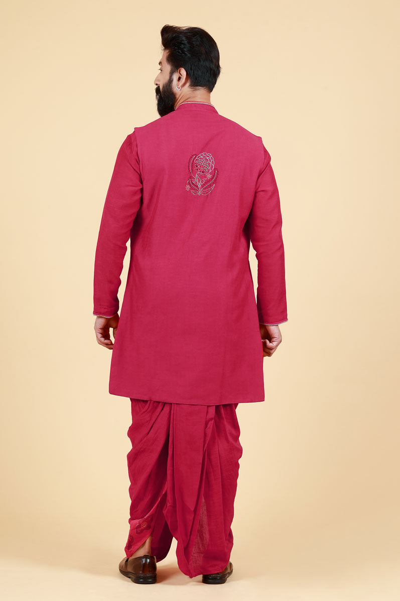 PHOOLKARI MAROON DHOTI+ KURTA+ JACKET SET