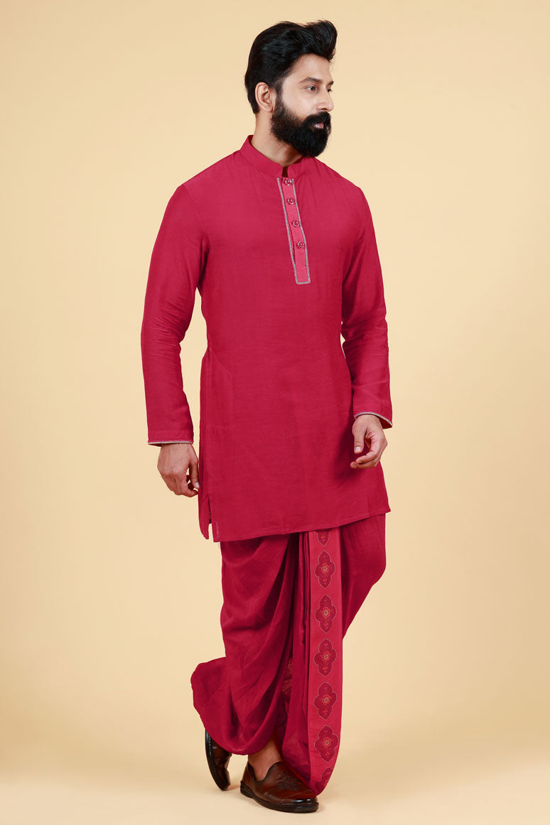 PHOOLKARI MAROON DHOTI+ KURTA+ JACKET SET