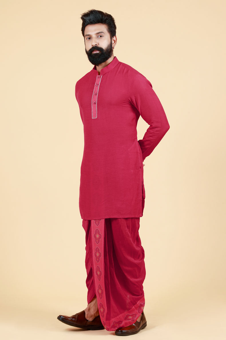 PHOOLKARI MAROON DHOTI+ KURTA+ JACKET SET