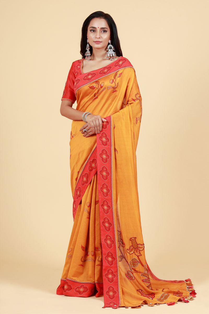 LAHARI HALDI HAND EMBROIDERED + PRINT SAREE