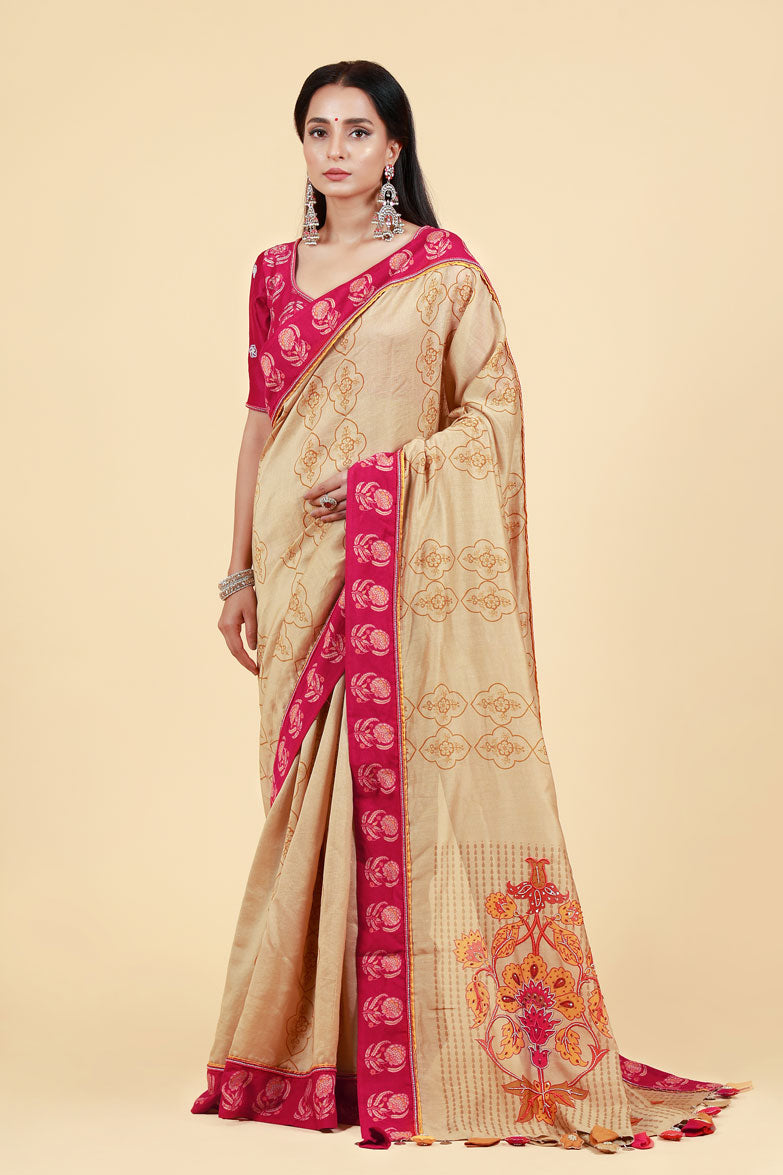 LAHARI BEIGE-GOLD HAND EMBROIDERED + PRINT SAREE