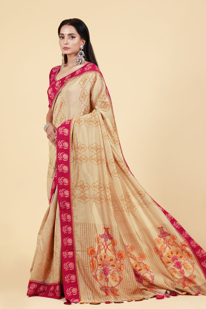 LAHARI BEIGE-GOLD HAND EMBROIDERED + PRINT SAREE