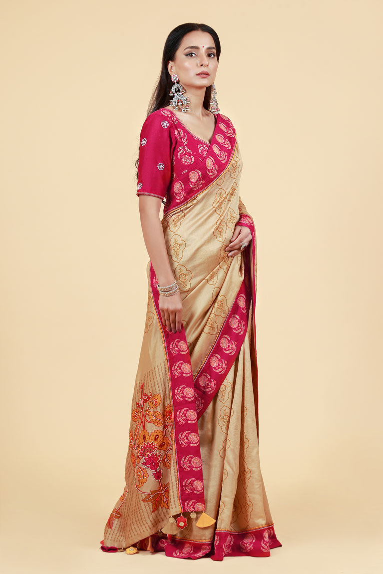 LAHARI BEIGE-GOLD HAND EMBROIDERED + PRINT SAREE