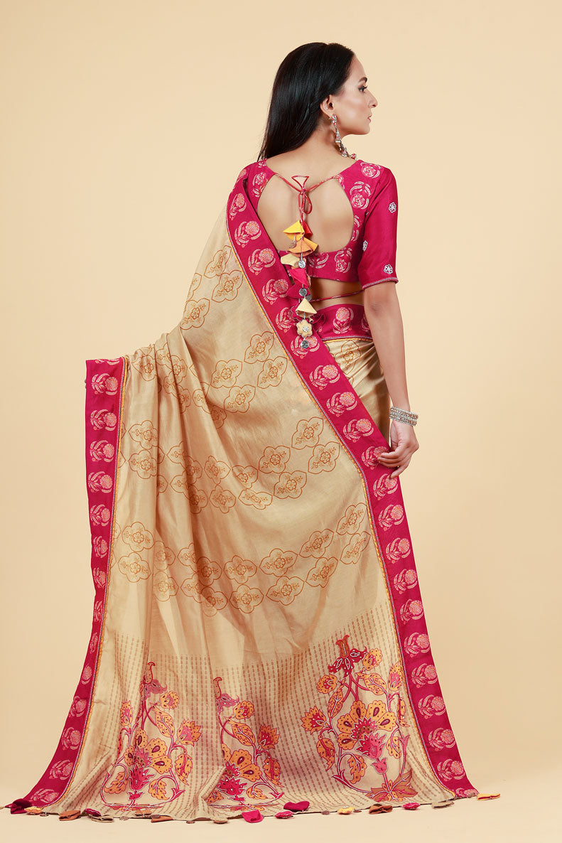 LAHARI BEIGE-GOLD HAND EMBROIDERED + PRINT SAREE