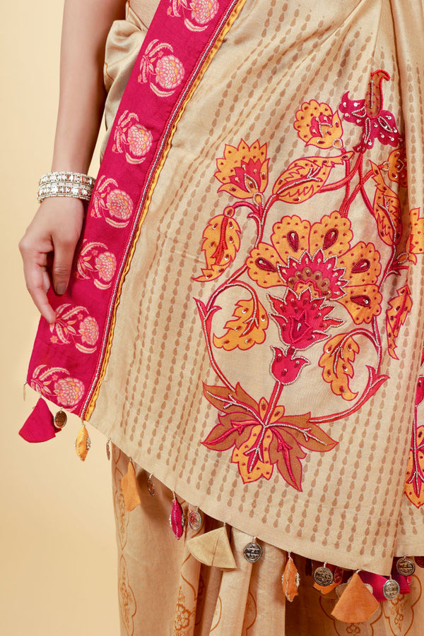 LAHARI BEIGE-GOLD HAND EMBROIDERED + PRINT SAREE