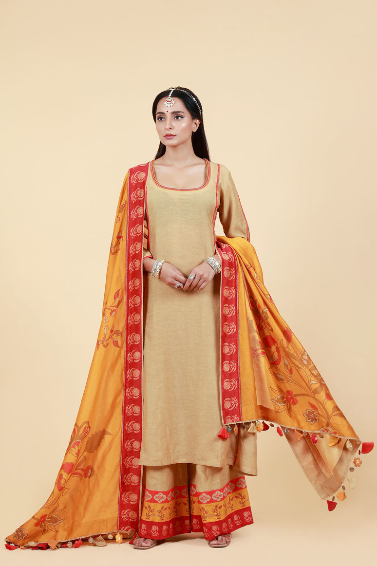 RASALA BEIGE KURTA PALAZZO + DUPATTA SET