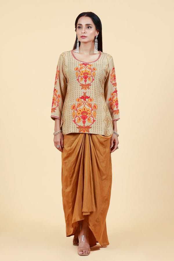 NAVIKA BEIGE GOLD DHOTI SKIRT+ KURTA SET