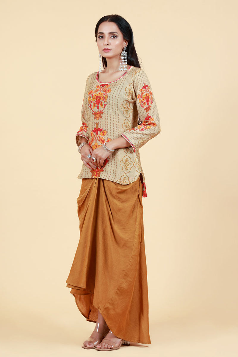 NAVIKA BEIGE GOLD DHOTI SKIRT+ KURTA SET