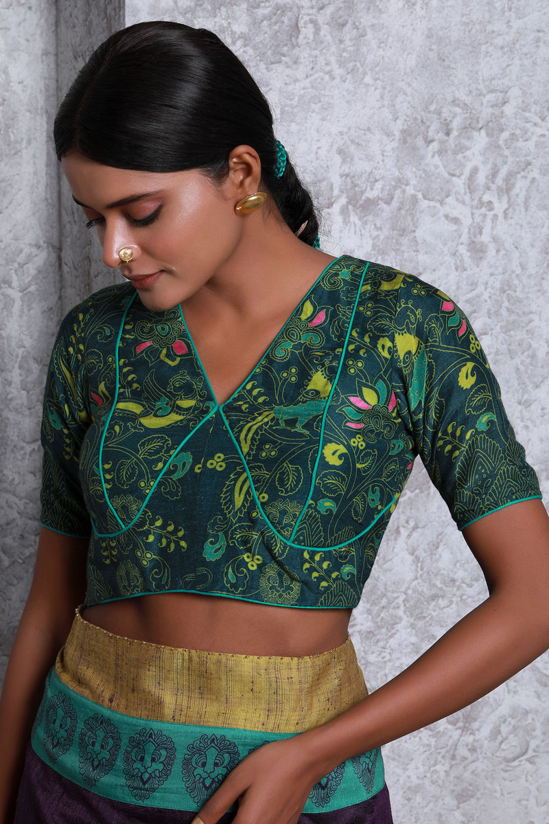 Udd Studio - Green Kalamkari Printed Linen Pushpa Blouse – udd Studio
